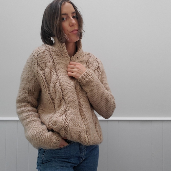 VINTAGE Chunky Handmade Knit Zip-Up Sweater - Picture 10 of 11